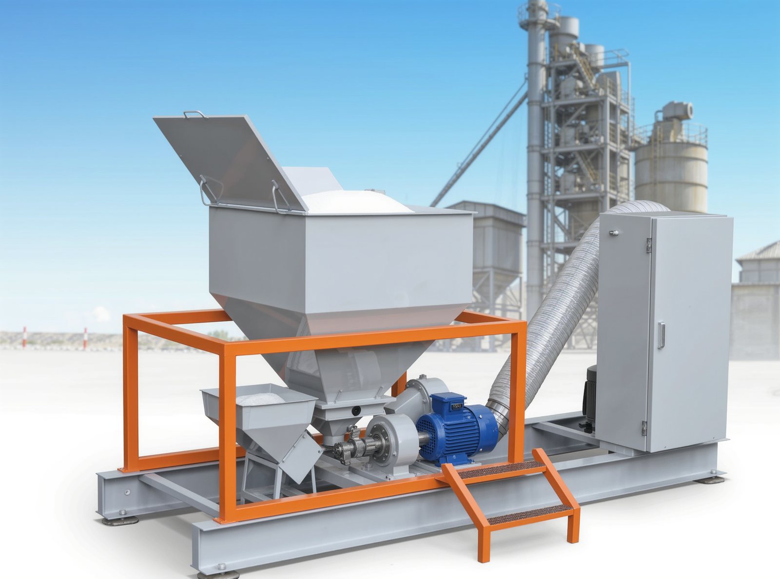 Fiber additive unit: lidded fiber storage hopper, feed hopper, electric-motor blower, conveying hose and control cabinet